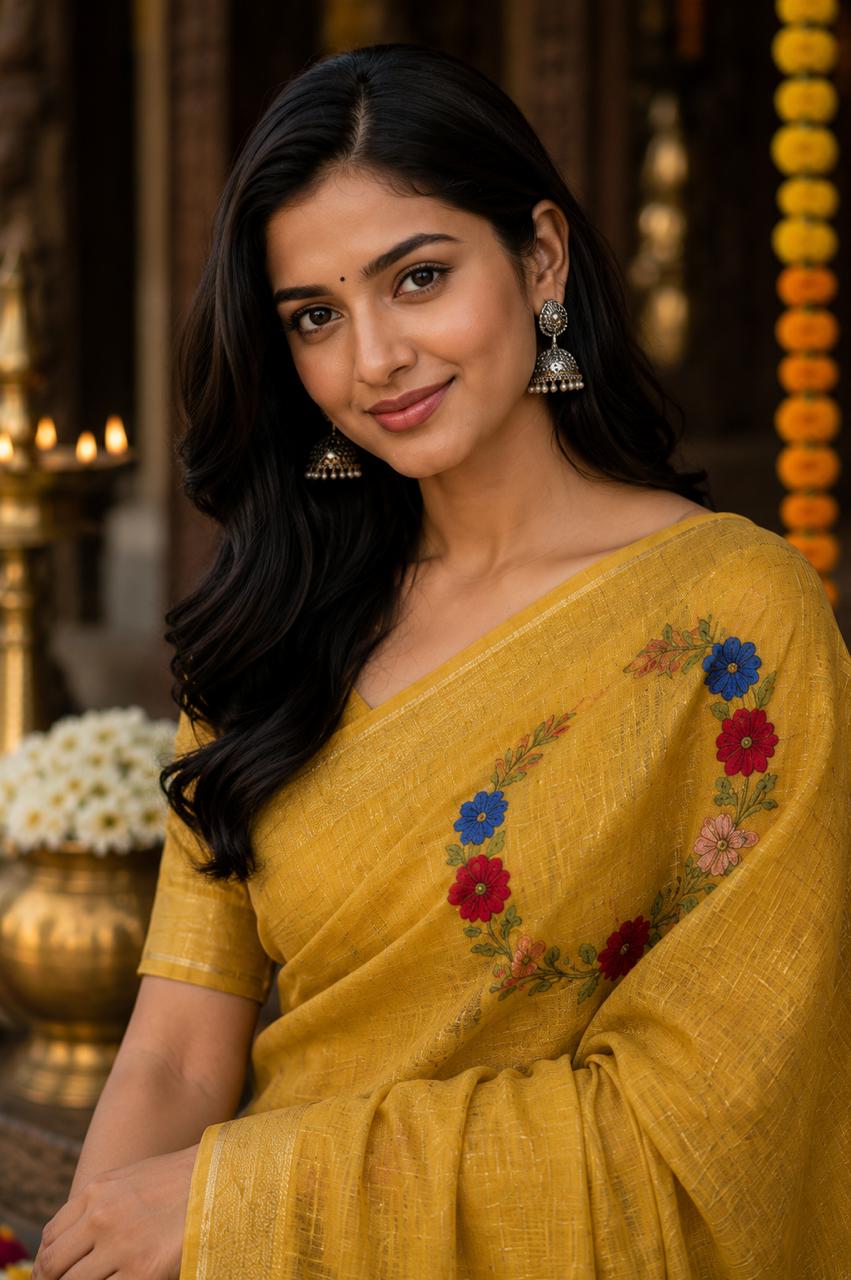 Silk Linen Saree  with Hand Embroidery Yellow