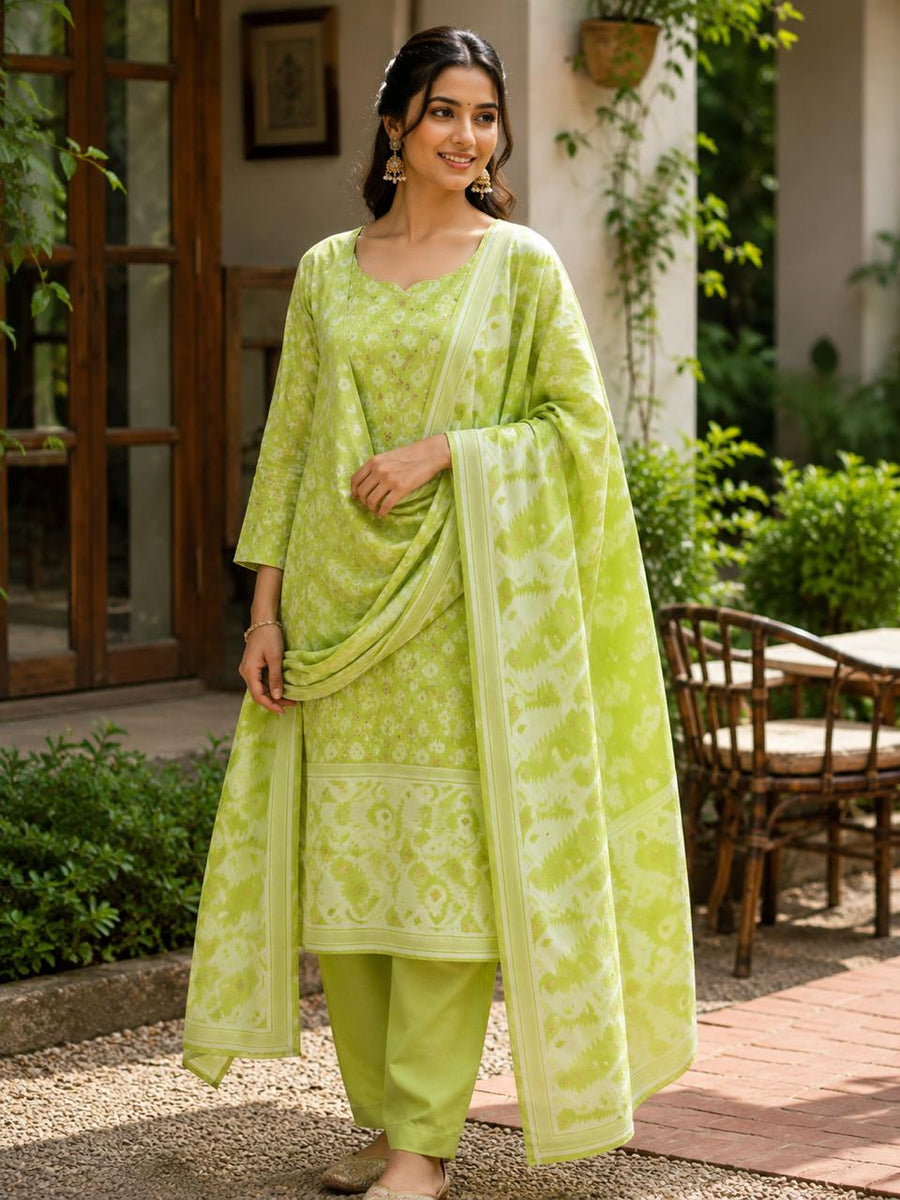 Jamdani Cotton Blend Suit Set Green