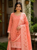Jamdani Cotton Blend Suit Set Peach
