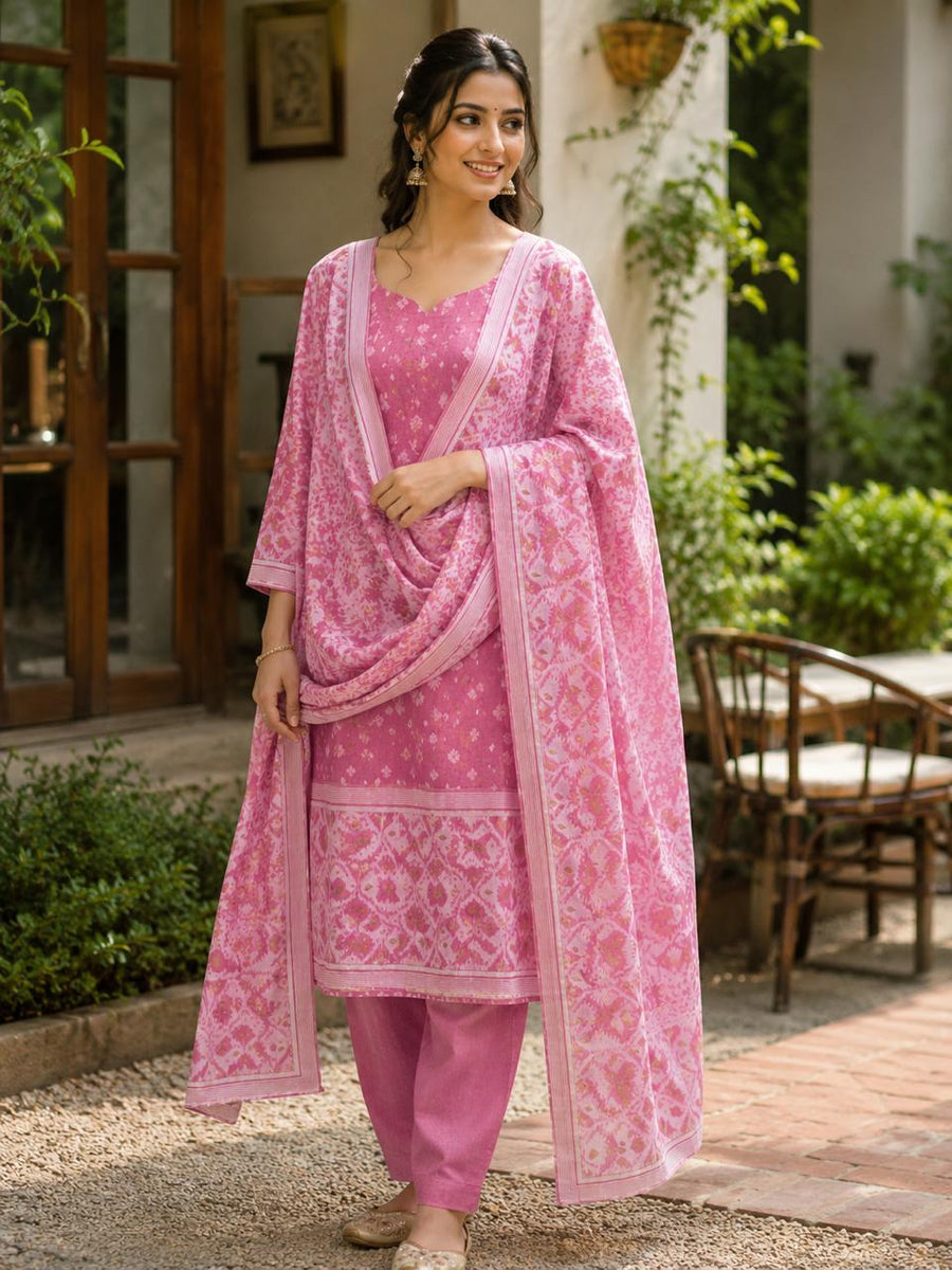Jamdani Cotton Blend Suit Set Blush Pink