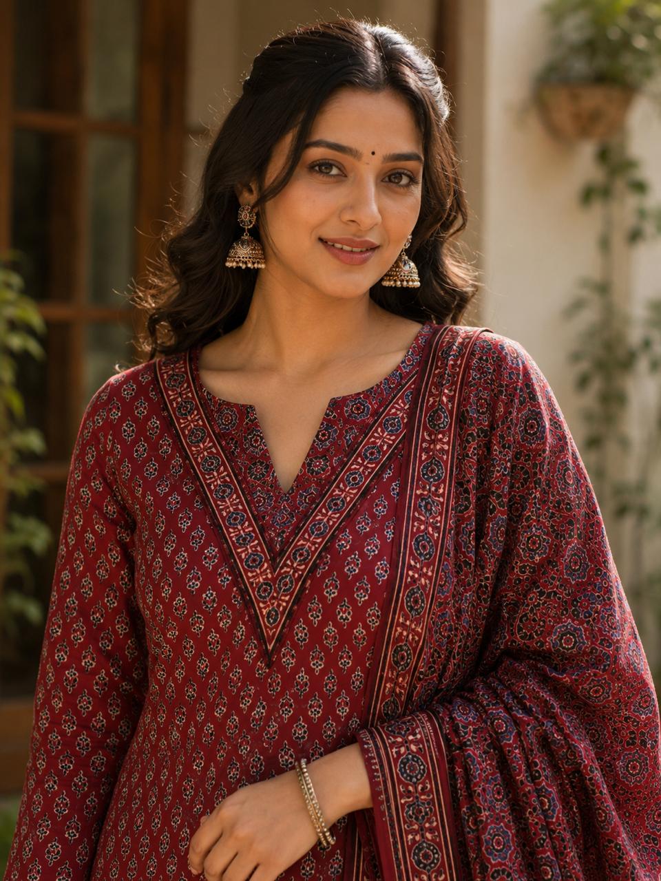 Premium 2 Piece Modal Silk Suit Set -Maroon