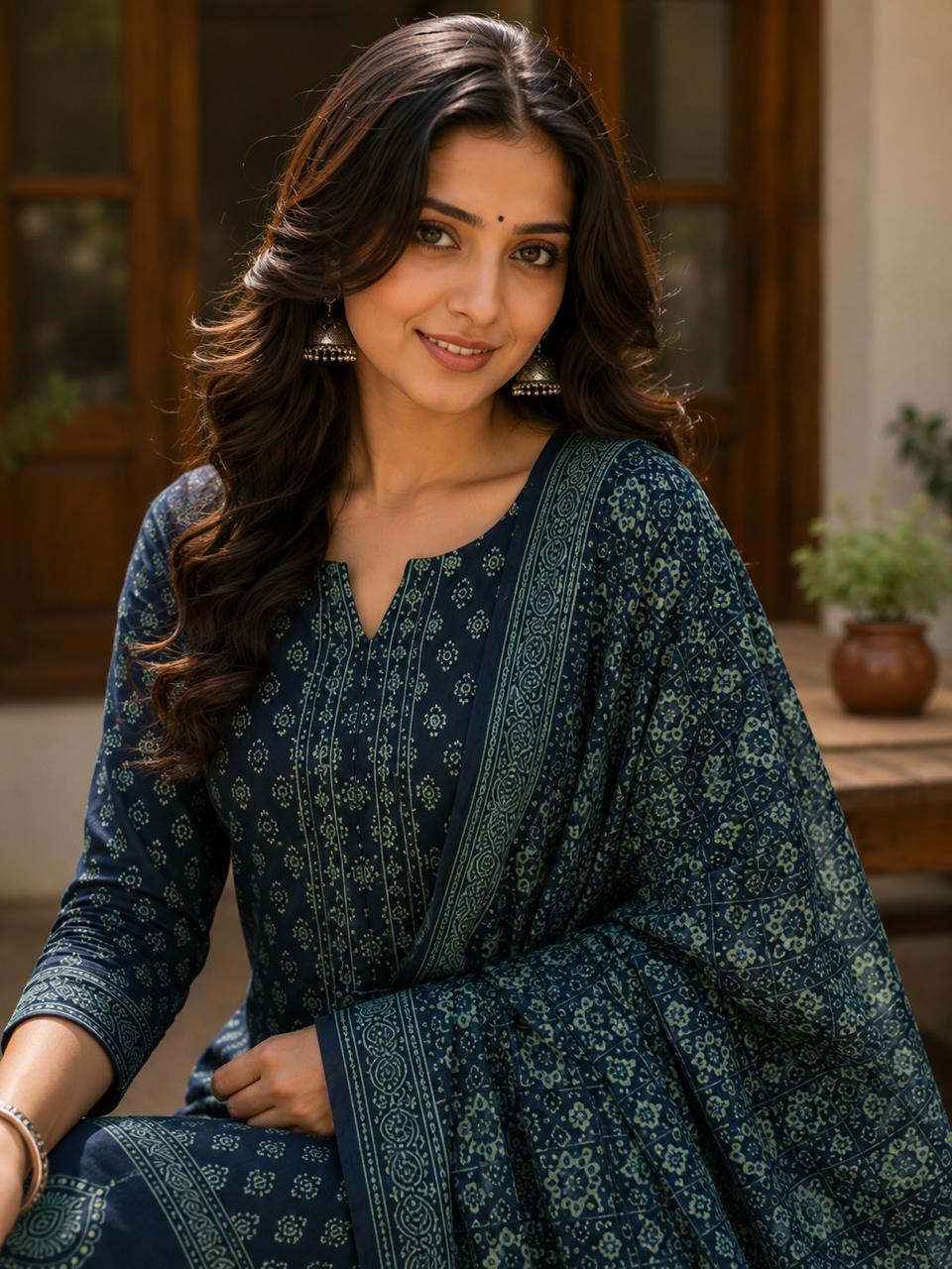 Modal Silk two piece dress material set- Indigo