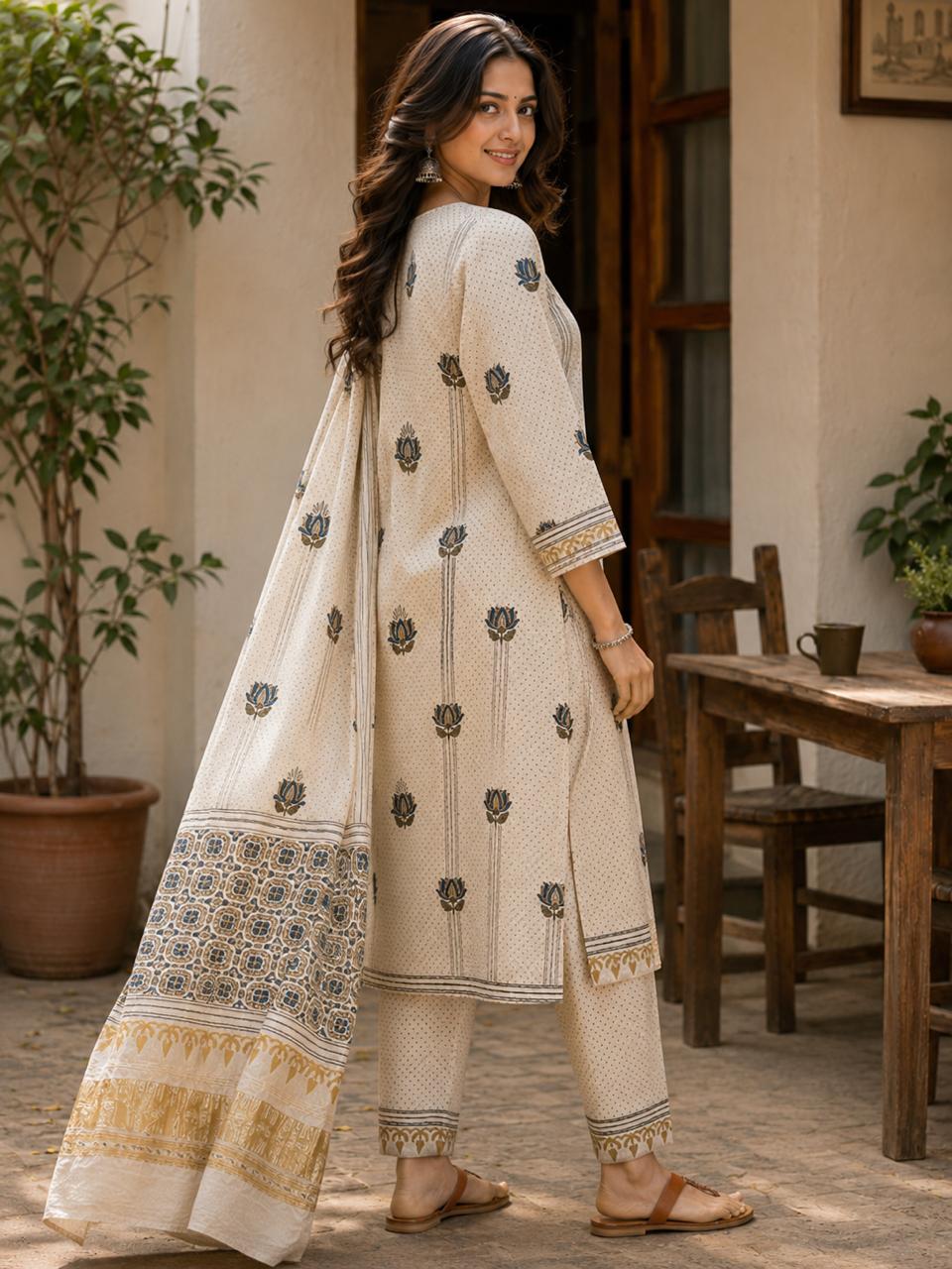 Premium Modal Silk two piece dress material set- Off White