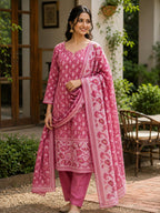 Jamdani Cotton Blend Suit Set Pink
