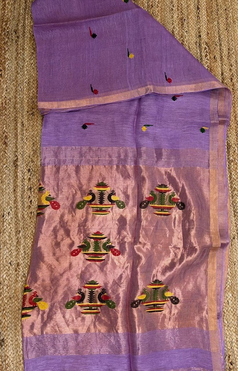 Silk Linen Jamdani Saree-Paithani Inspired