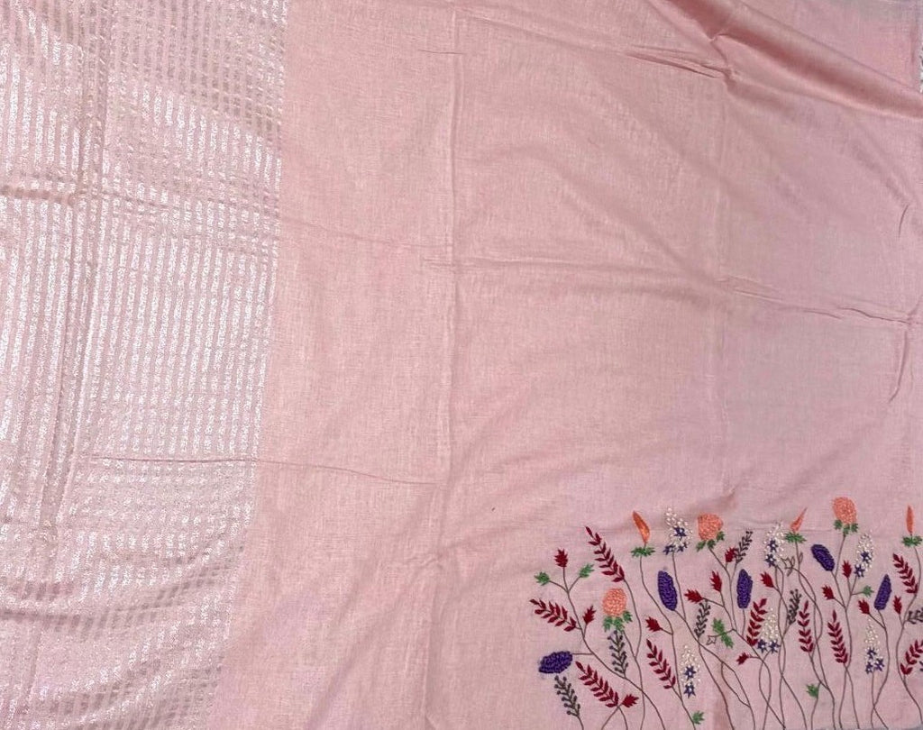 Pure Linen Saree With Hand Embroidery Peach