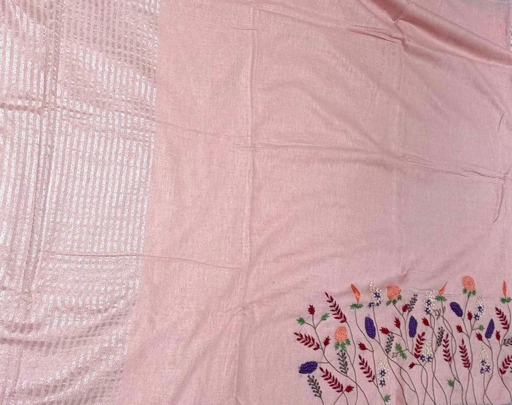 Pure Linen Saree With Hand Embroidery Peach