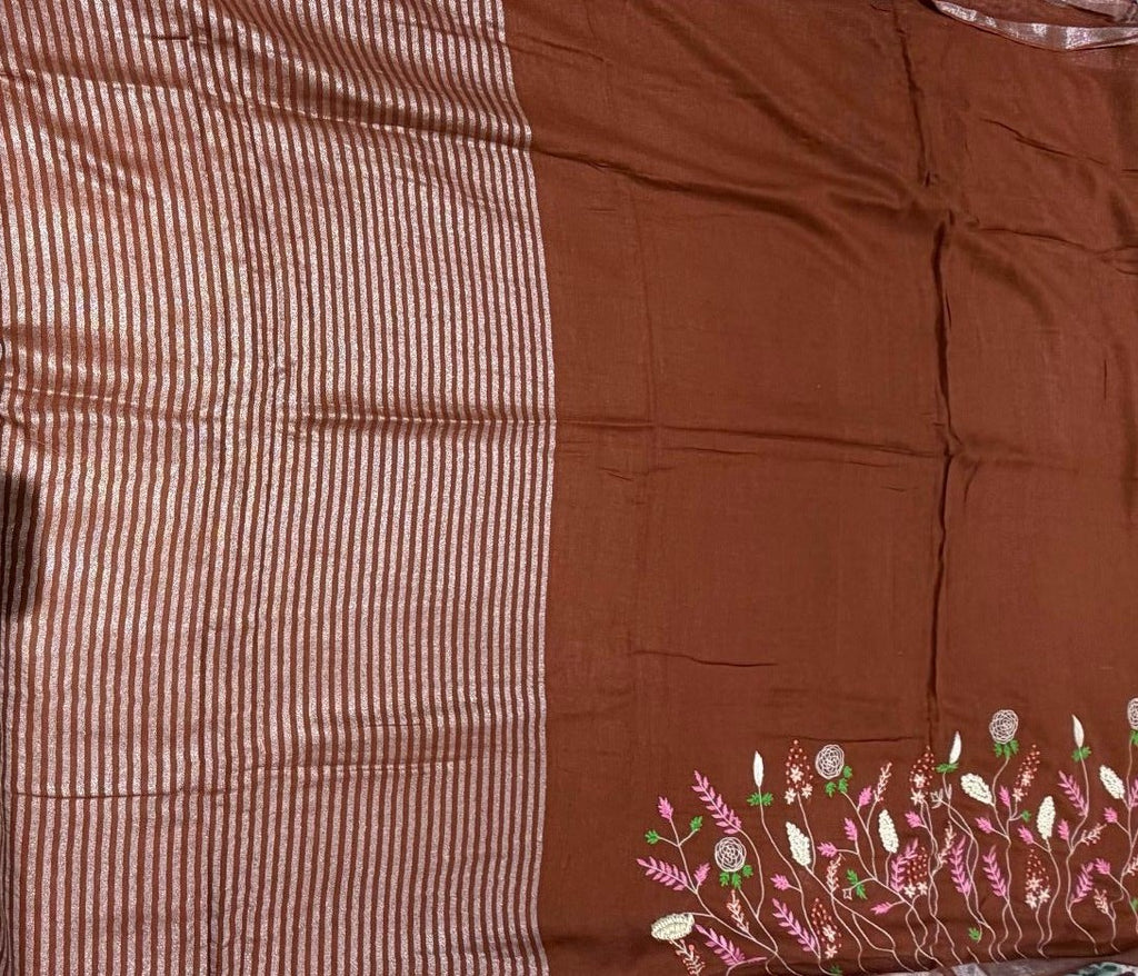 Pure Linen Saree  With Hand Embroydery Brown