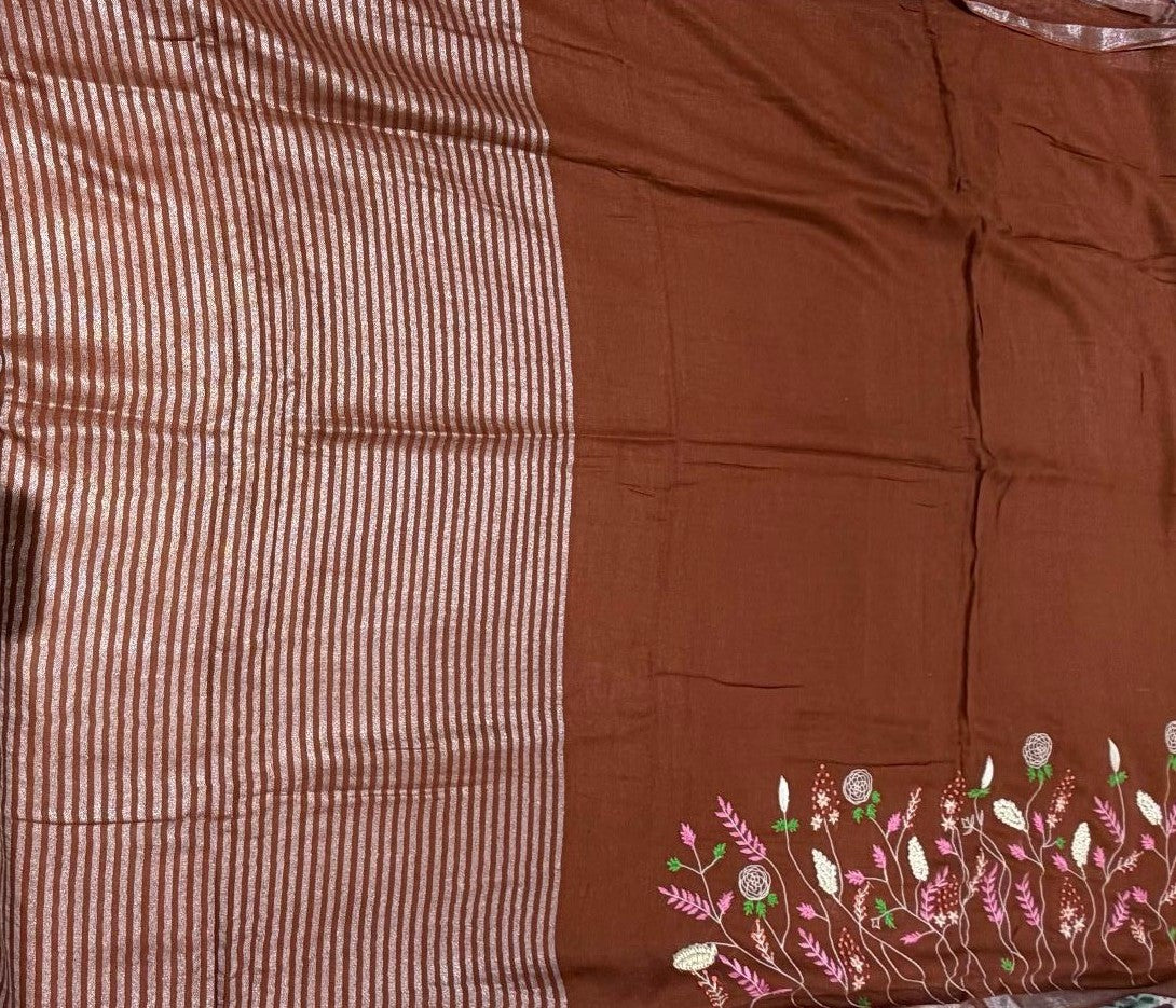 Pure Linen Saree  With Hand Embroydery Brown