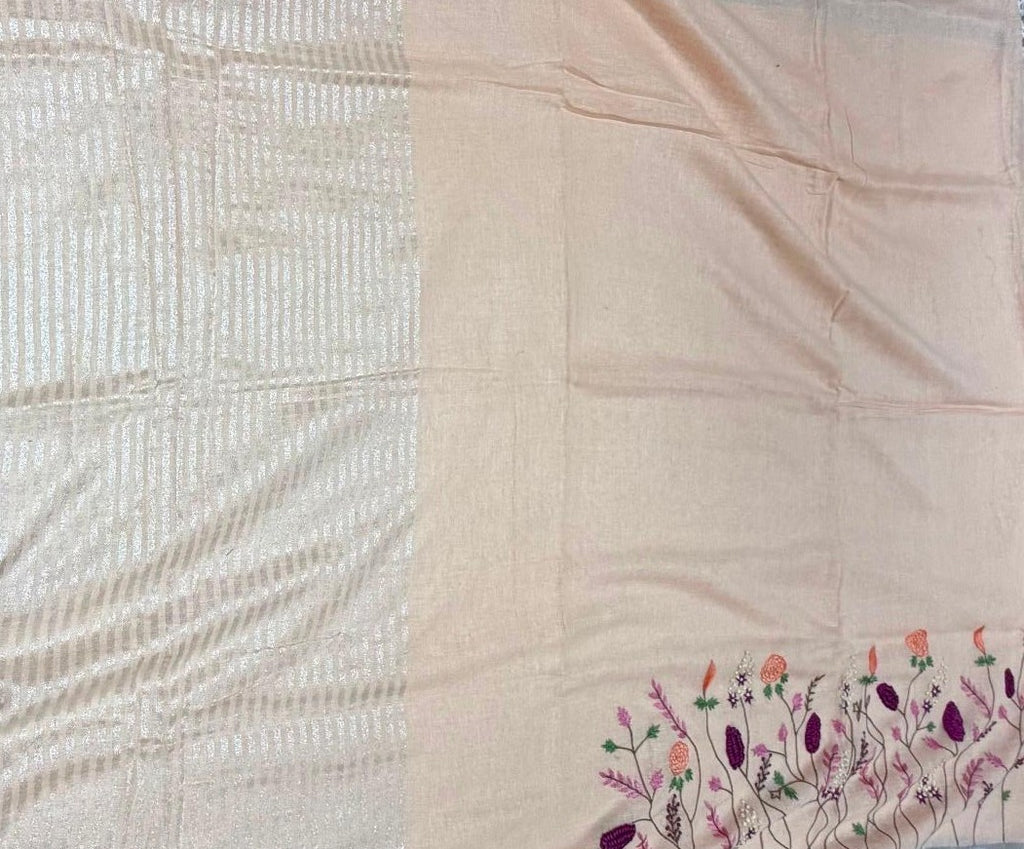 Pure Linen Saree With Hand Embroidery Yellow