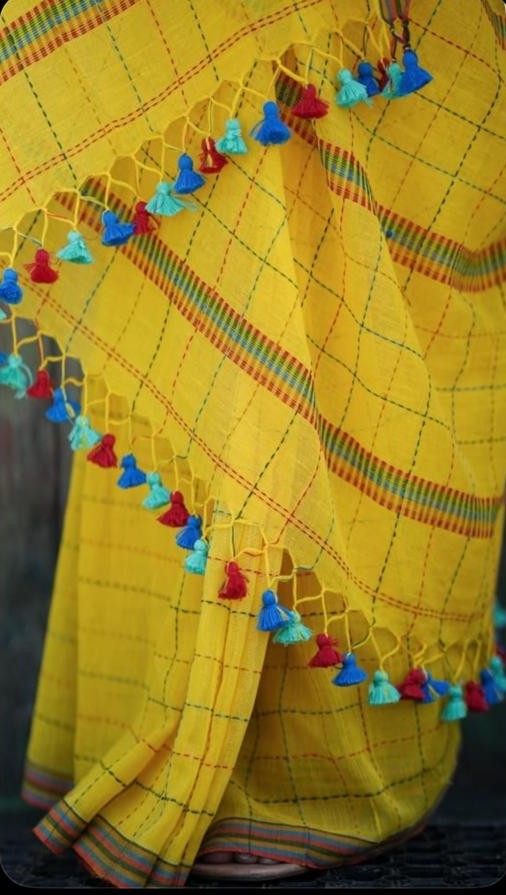 Mul Cotton Kantha Embroidery Saree Yellow