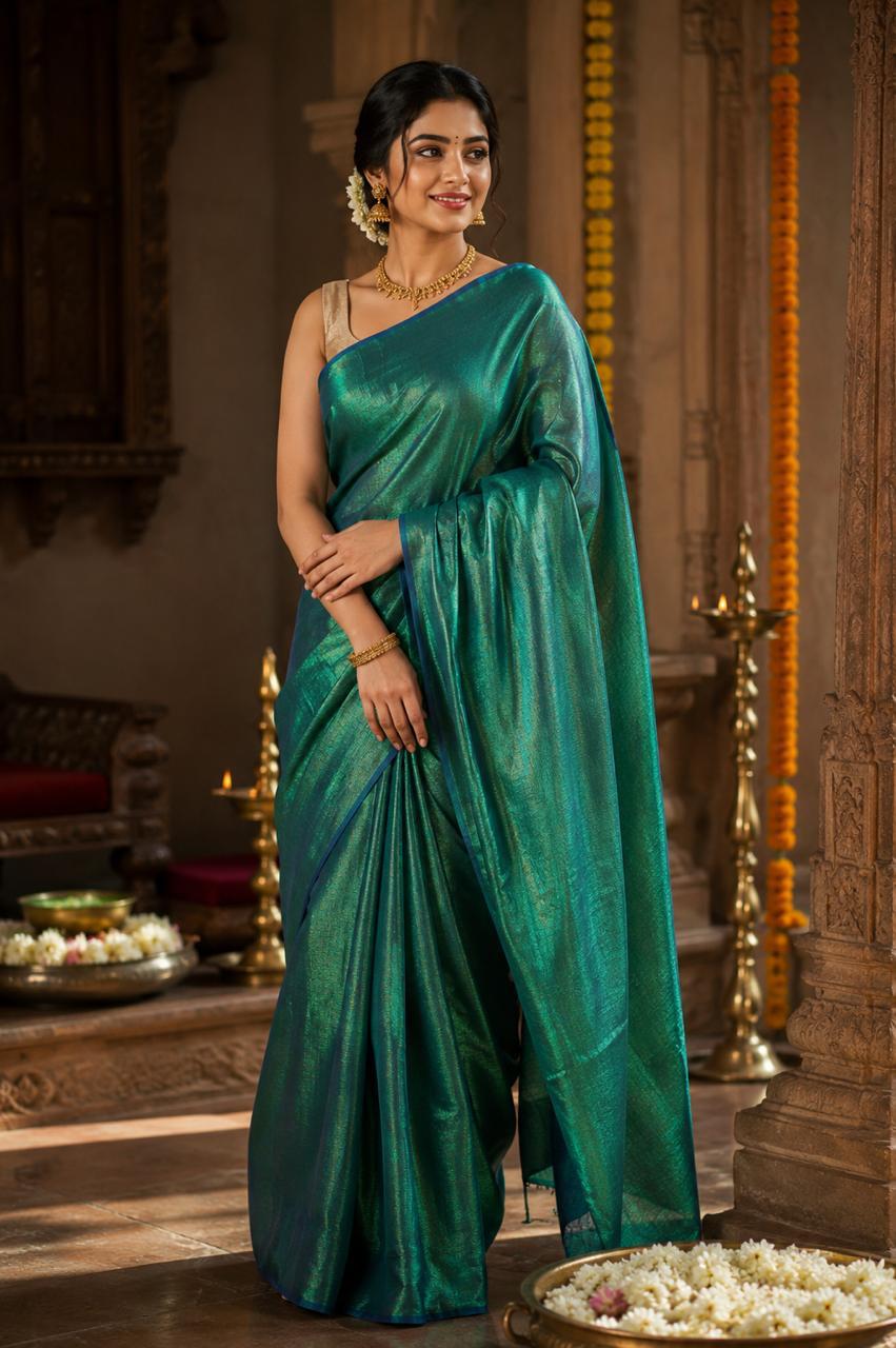 Raga Tissue Cotton Saree Emmerald Green