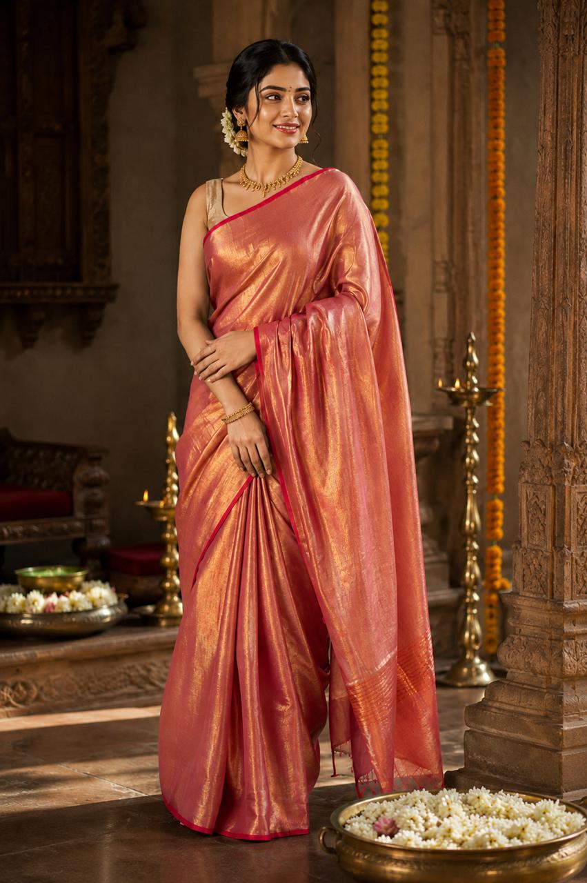 Raga Tissue Cotton Saree Red