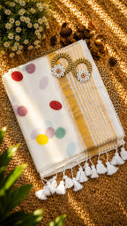 Mul Cotton- White with Polka Dot Saree With Golden Border