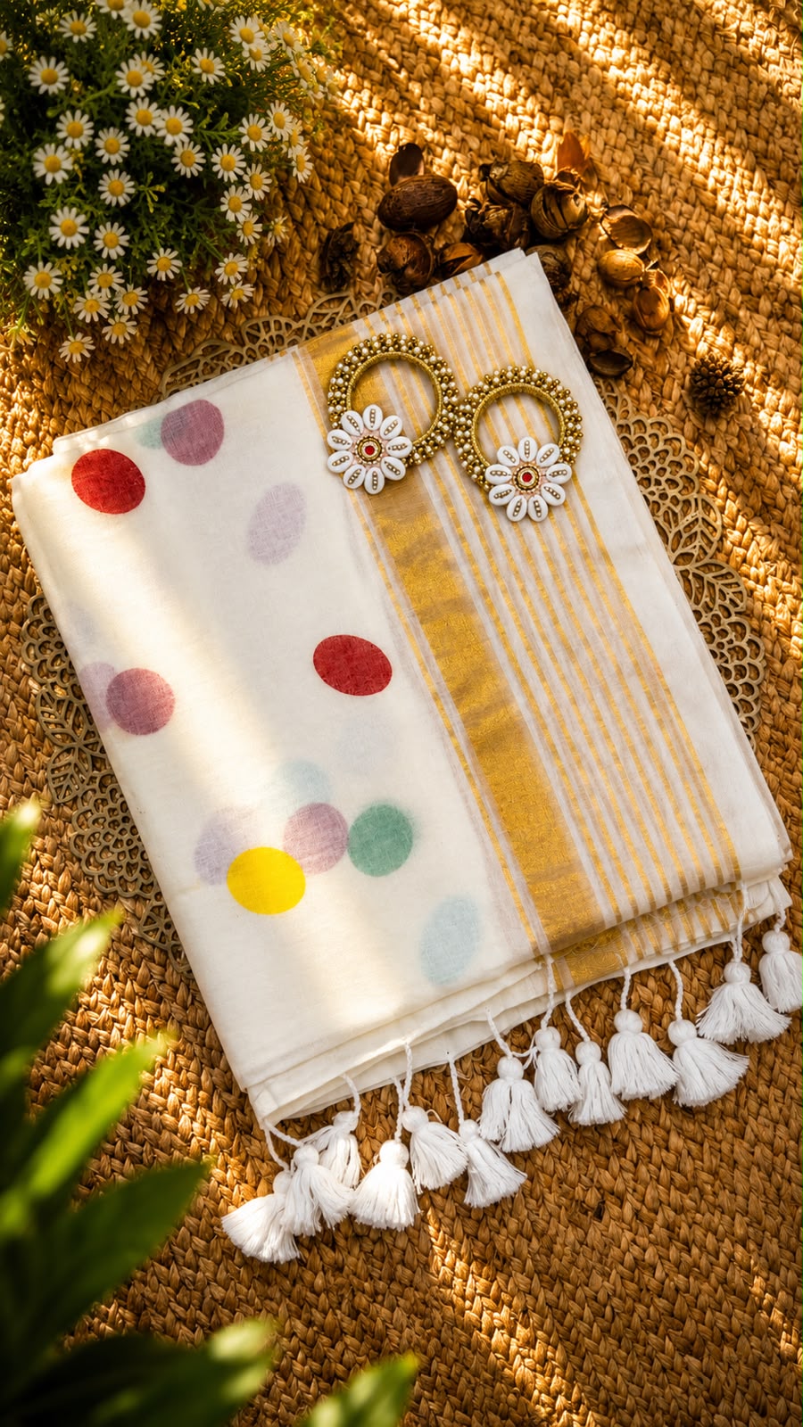 Mul Cotton- White with Polka Dot Saree With Golden Border