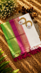 Mul Cotton- Off White With Kanchi Pink And Green Border