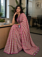 Mul Cotton-  Checkered Saree With Tassel Border Pink