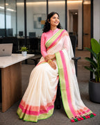 Mul Cotton- Off White With Kanchi Pink And Green Border