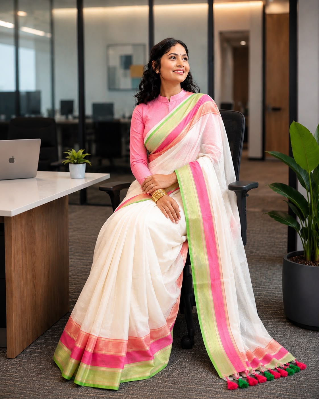 Mul Cotton- Off White With Kanchi Pink And Green Border