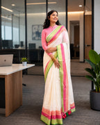 Mul Cotton- Off White With Kanchi Pink And Green Border